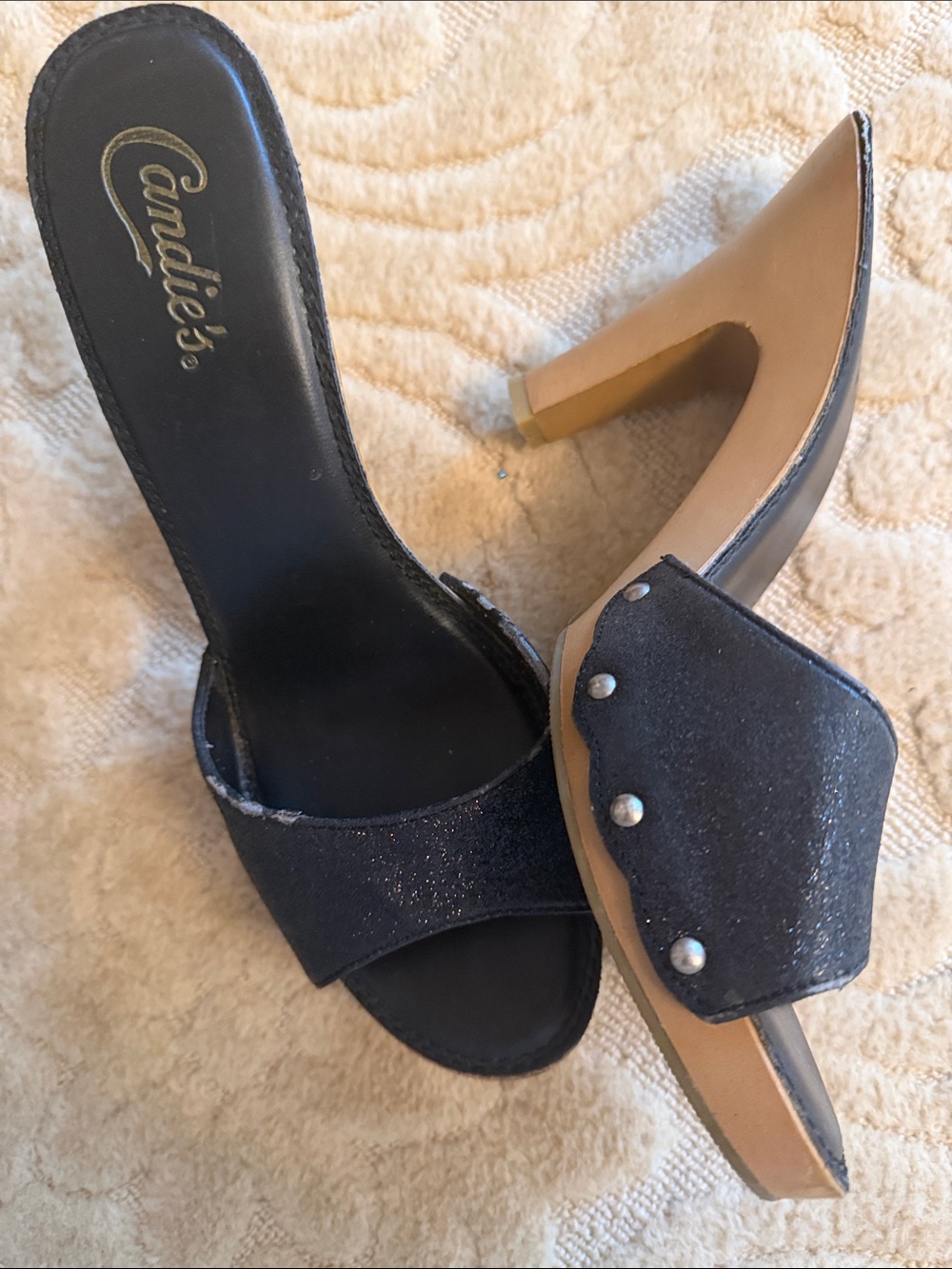 Vintage original 1990s Candie's Black SPARKLE Slides viviana style size 9